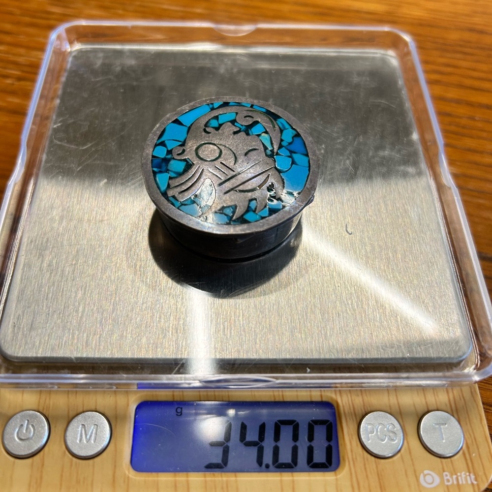 Vintage Sterling Silver Mexico Taxco trinket box crush turquoise inlay 34 grams - Picture 7 of 7
